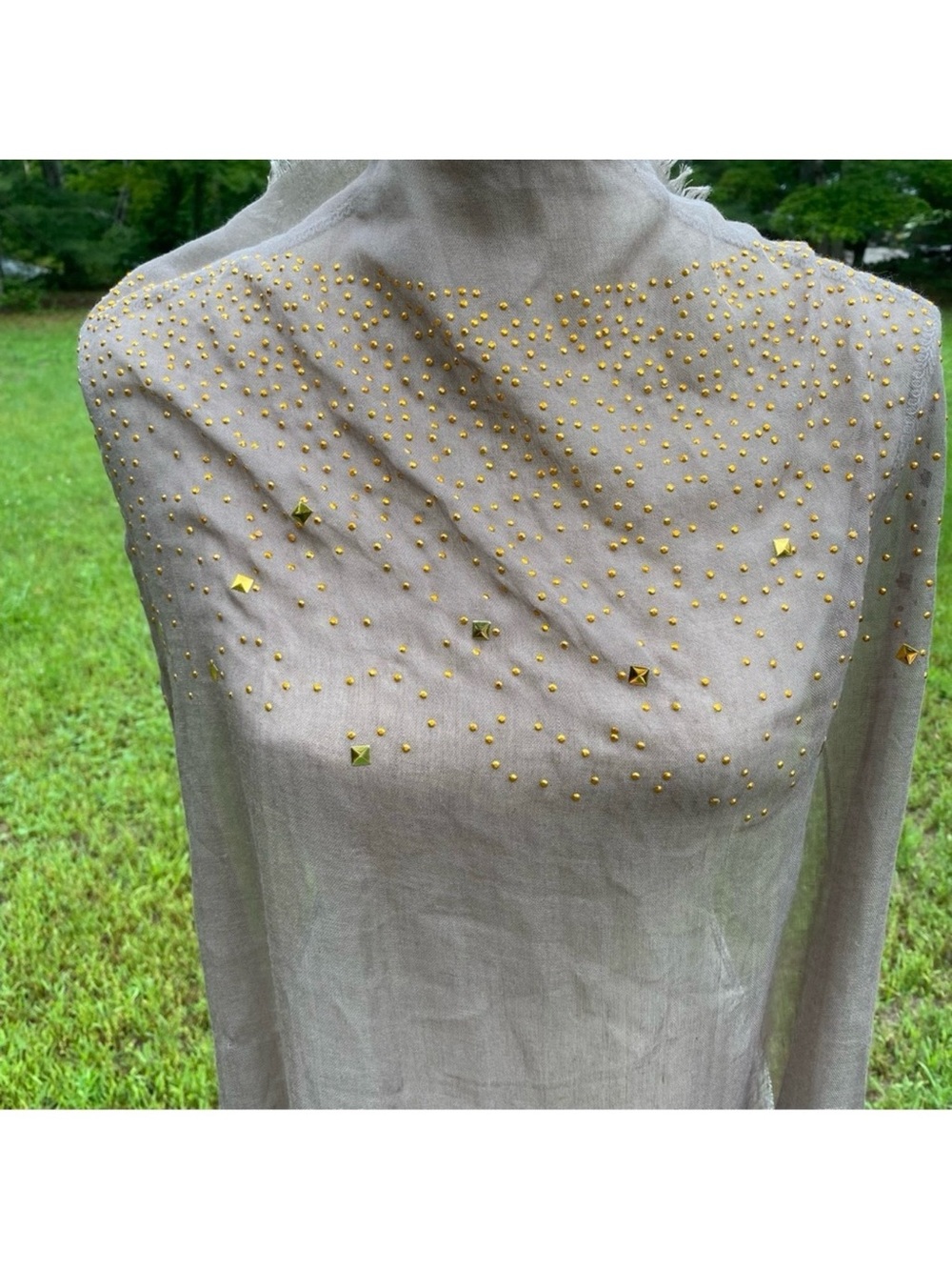 SCARF TAUPE GRAY BROWN WRAP LONG RECTANGLE GOLD COLOR EMBELLISHED SCATTER